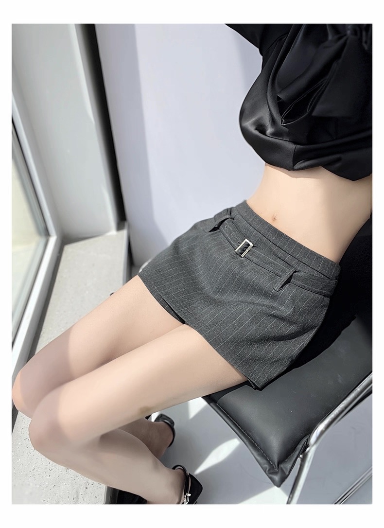 Chân Váy Midi cạp trễ sọc phối thắt lưng phong cách