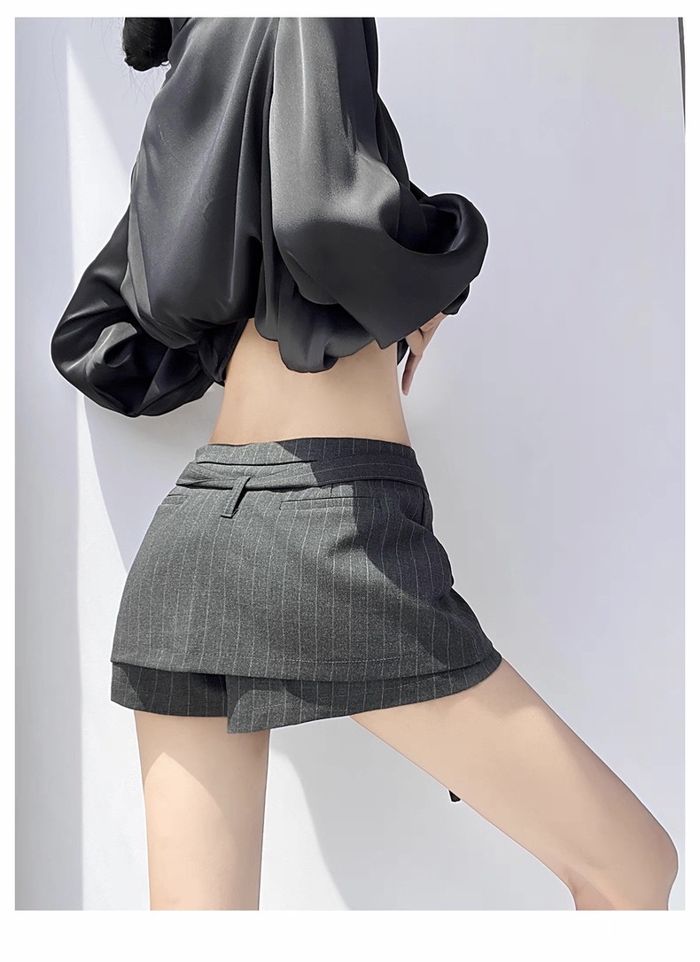 Chân Váy Midi cạp trễ sọc phối thắt lưng phong cách